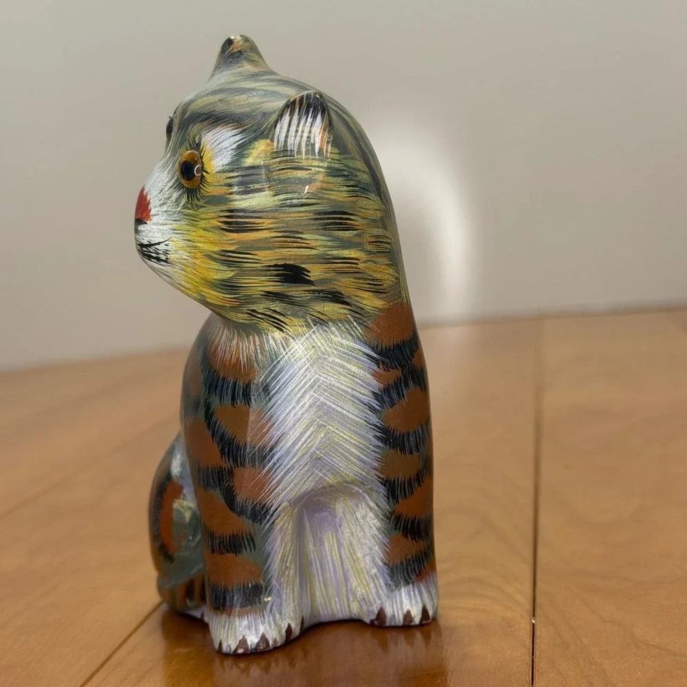 Hand Painted Wood Cat Figurine – Folk Art Tabby Sculpture w/ Amber Eyes 5